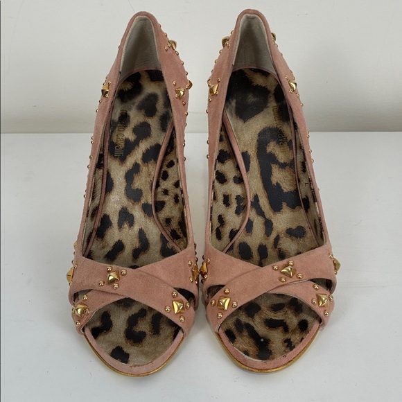 Roberto Cavalli Women’s 36 (6) Gold Studded Pink Suede Peep-Toe Heels - Picture 2 of 10